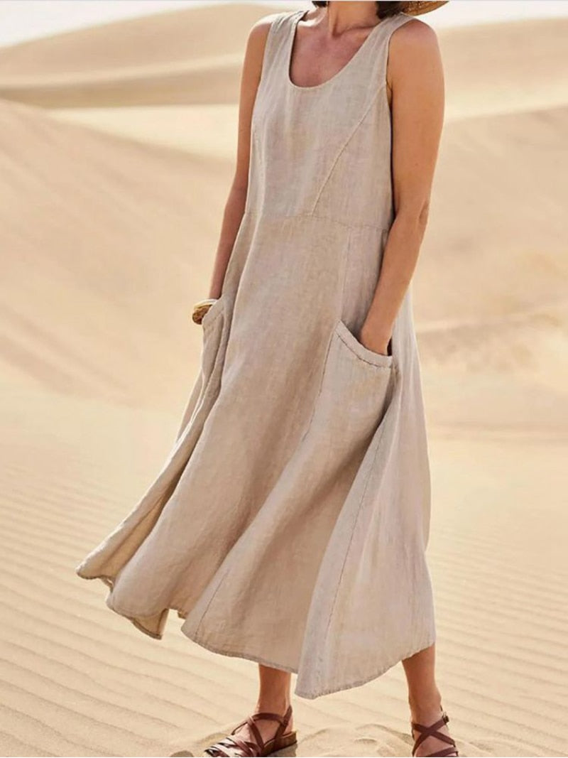 Women's Sleeveless Cotton And Linen Dress